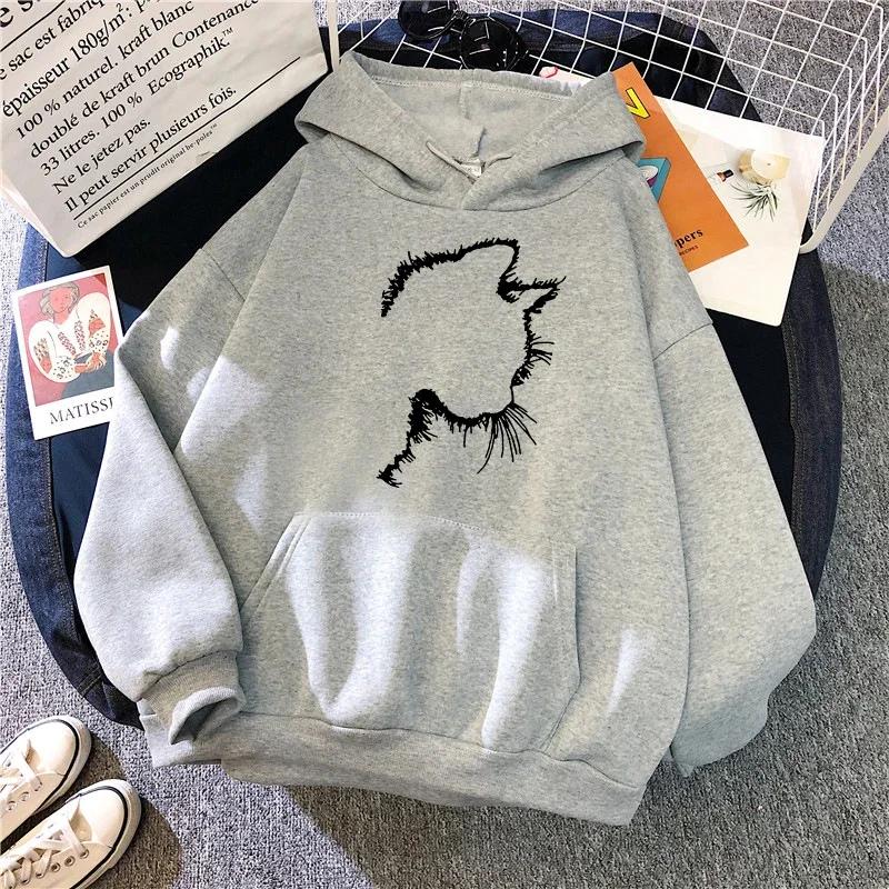 Woman Hoodies Cute Cat Print Hooded Long Sleeve Pullover Ladies Home Outdoor Comfort Warm Loose Sweatshirts Daily Casual Coats