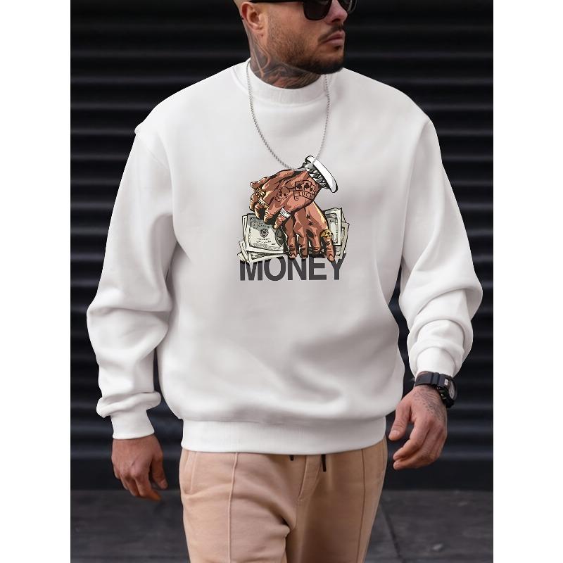 Men's Creative Hand-Drawn Money Letter Print Casual Long Sleeve Round Neck Sweatshirt.