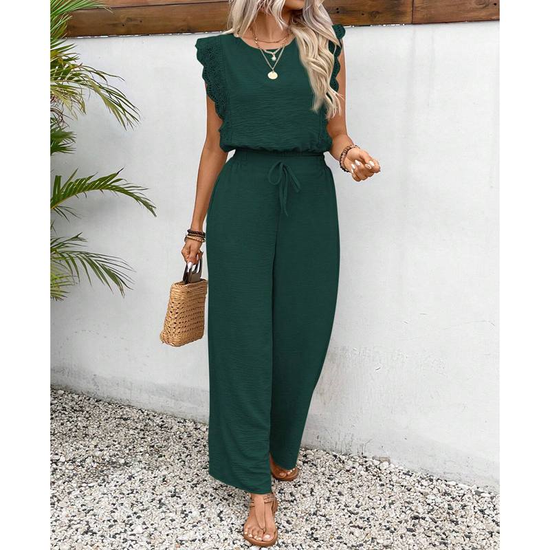 

Летний новый женский костюм Топ без рукавов с круглым вырезом Эластичная талия Прямые брюки Облегающий Облегающий Уличный комплект из 2 предметов S