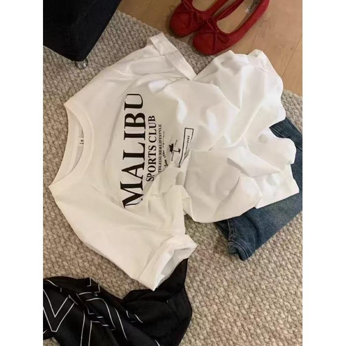 2026 summer new American retro short-sleeved T-shirt women s casual loose lazy letter printed short-sleeved top trendy M белый