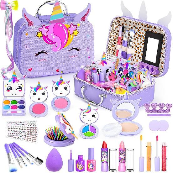 Kids Makeup Kit for Girls, Little Girls Pretend Make Up, Princess Play Makeup Set with Mirror, Toddler Toys Real Washable Cosmetic Set & Nail Kit