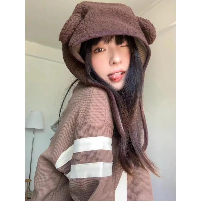 Brown Bear Ear Hat Scarf Beanies Men Women Winter Safety Helmet Rockwool Magnetic Buckle Outdoor Protector Hat with Earflaps