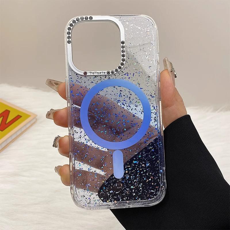 Applicable To IPhone16ProMax Color Magnetic Suction Phone Case Apple 15 Transparent Diamond Flash Powder Anti Fall 14 Protective Case