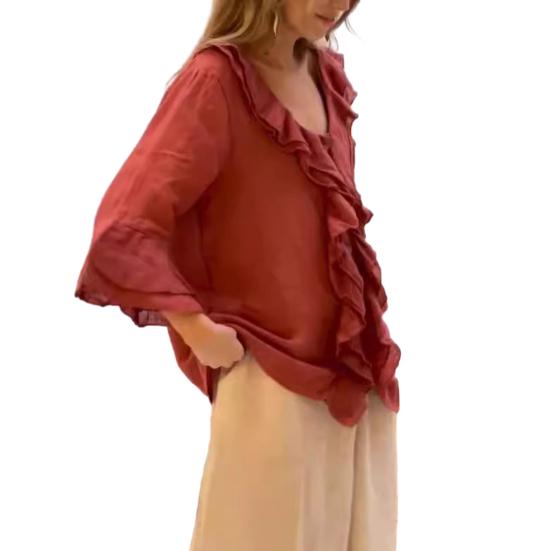 Camisa de mujer con cuello en V, mangas 3/4, volantes, costuras, color liso, pulóver, blusa informal holgada para uso diario