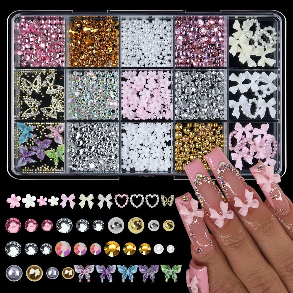 15Grids/Box Mixed Bowknot Pearl Heart 3D Nail Charms Flatback Flower Cherry Strawberry Nail Rhinestones Resin