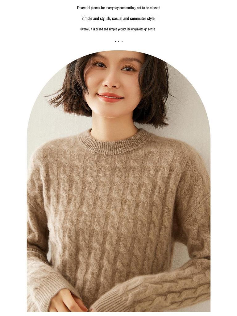 Women's Slim Fit Retro Cable Knit Cashmere Sweater - Round Neck Pullover, Base Layer for Autumn/Winter.
