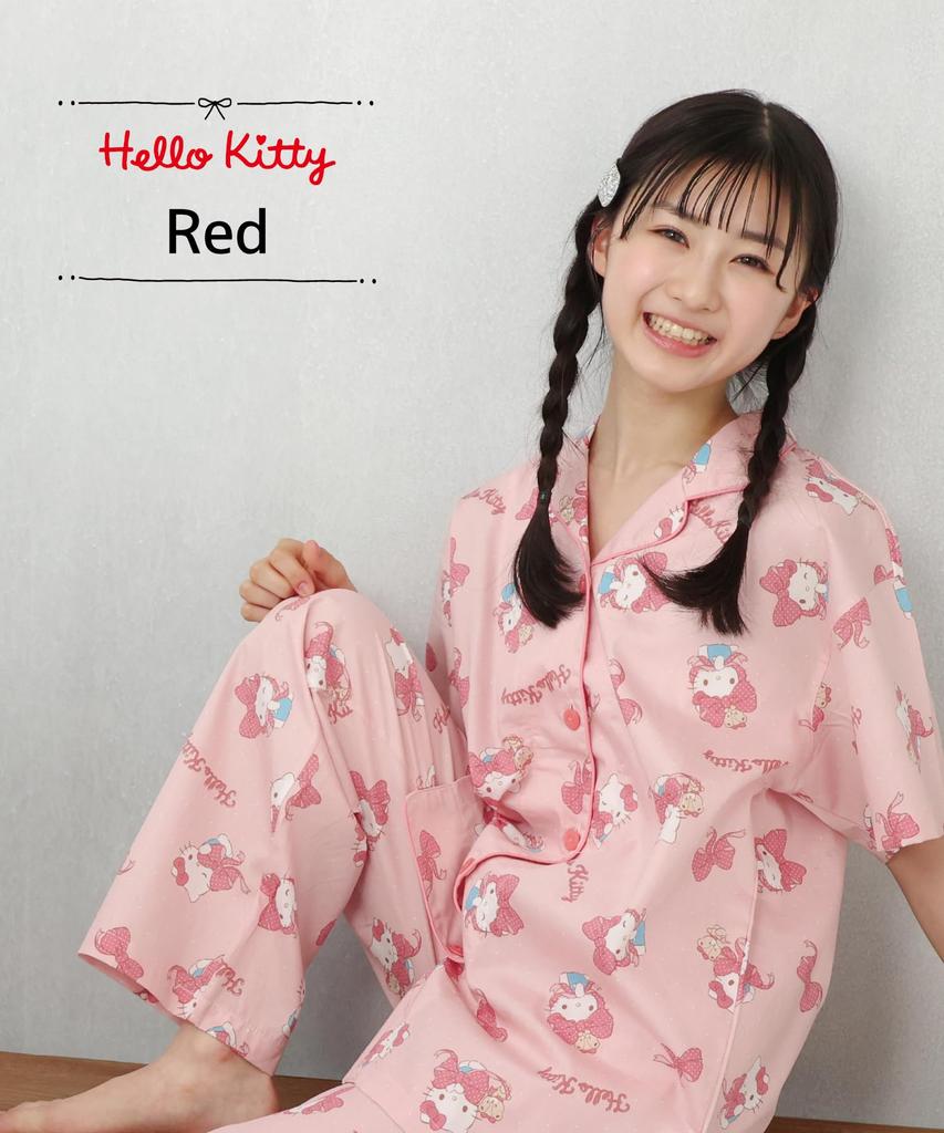 SAZAC Hello Kitty Shirt Cotton Short Sleeve and Long Pants Ribbon Hello Kitty Pajamas, 100% Broadcloth, Women's Set, Loungewear, (Red/L/SAN1799)