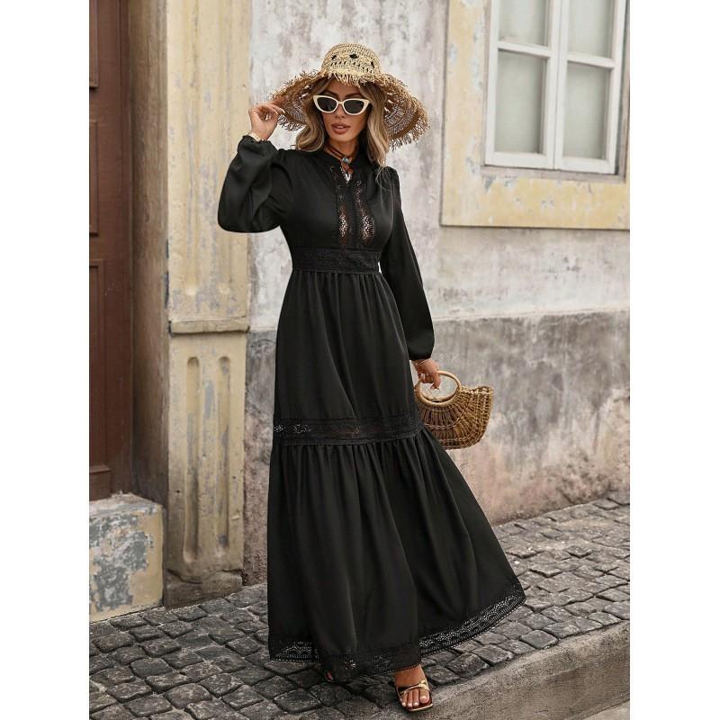 Minimalist Solid Color Long Sleeve A-Line Dress With Lace Trim High Waist Everyday Wear