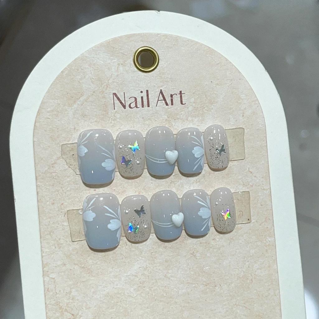 10Pcs Blue Handmade Press On Nails Short Ballet Shape Love Butterfly Design Summer Wearable False Nail Tips