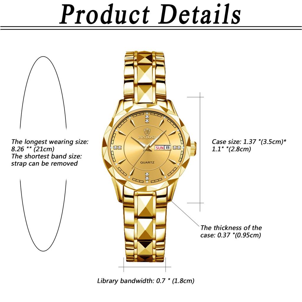 Damen Goldene Analoguhr mit Schlichtem Design, Tagesanzeige, Kalender, 3ATM Wasserdichtigkeit, Edelstahlarmband, Lässiger und Business-Stil -