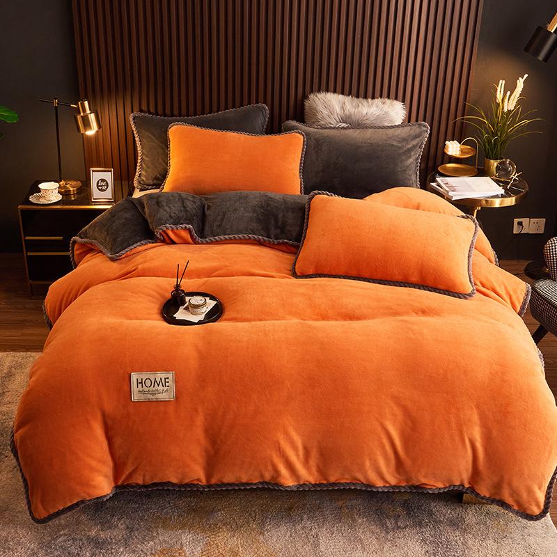 Thickened milk fleece four-piece set crystal fleece thermal bed sheet double-sided fleece quilt cover solid color