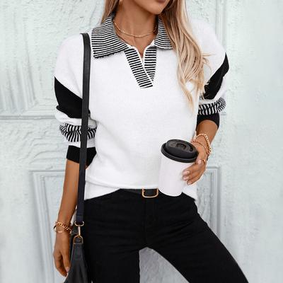 2024 European And American Autumn And Winter New Casual Loose POLO Collar Women'S Sweater Striped Color Blocked Knit Sweater