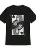 Casual Short Sleeve T-shirt with Queen of Clubs Playing Card Graphic Print - Black Round Neck Summer Top