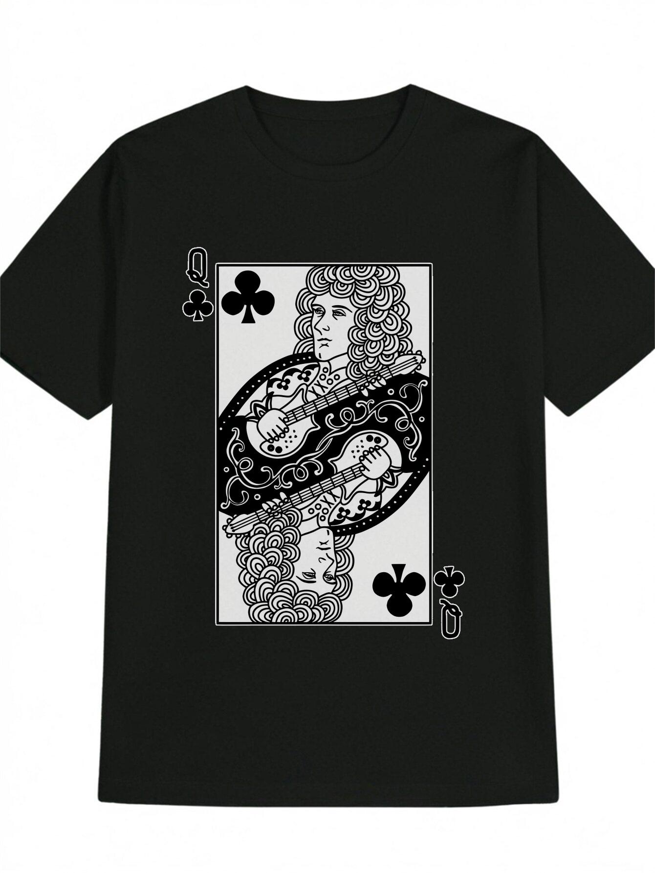 

Casual Short Sleeve T-shirt with Queen of Clubs Playing Card Graphic Print - Black Round Neck Summer Top M