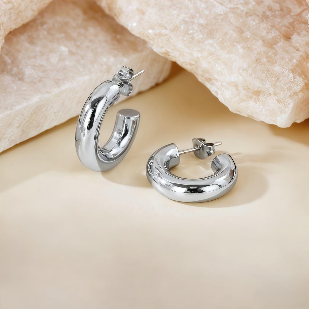 1 Pair Stylish Exquisite Circular Geometric 304 Stainless Steel C Shaped Hoop Earrings For Women Men Jewelry Gift