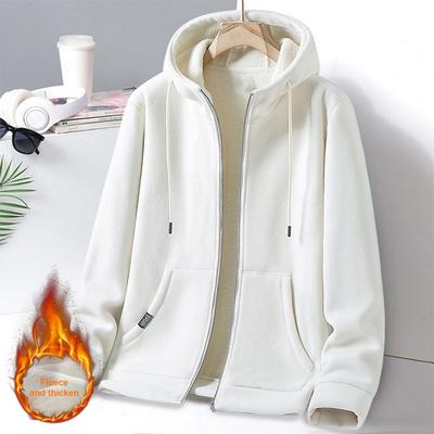 Fleece Jacket Men's Hooded Zipper Closure Winter Coat with Drawstring Thick Warm Cardigan Jacket for Daily Wear Zippered Hood