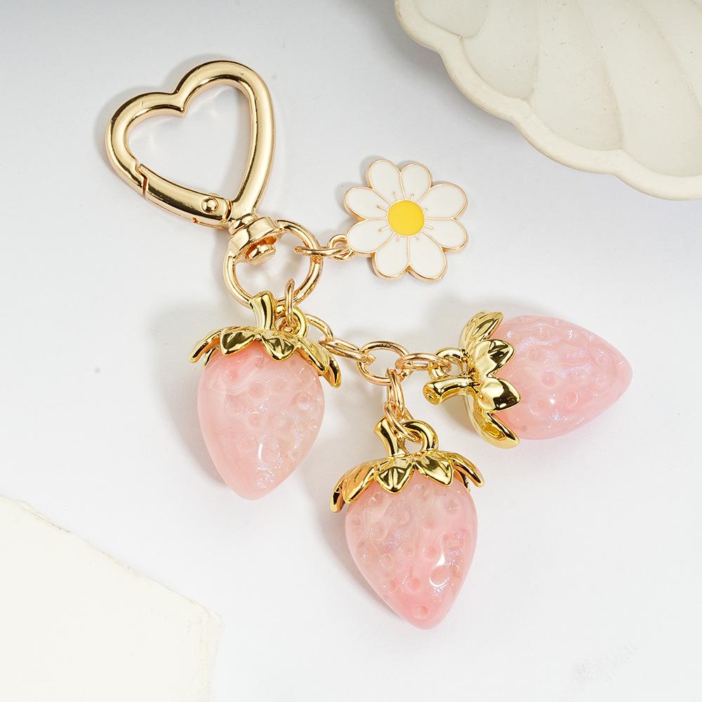 Sweet Translucent Strawberry & Flower Heart Keychain Pendant