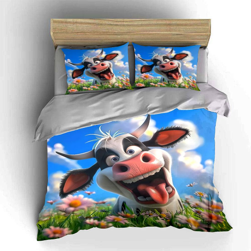 Cartoon Cow in Flower Field Bedding Duvet Cover Set  (1*Duvet Cover 2*Pillowcases, without duvet insert)