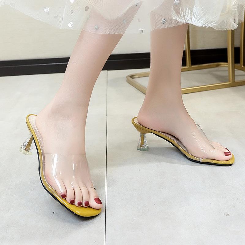 Transparent Slippers Women's High Heels 2025 New Summer Niche Design Sense One Word with Crystal Thick Heel Sandals