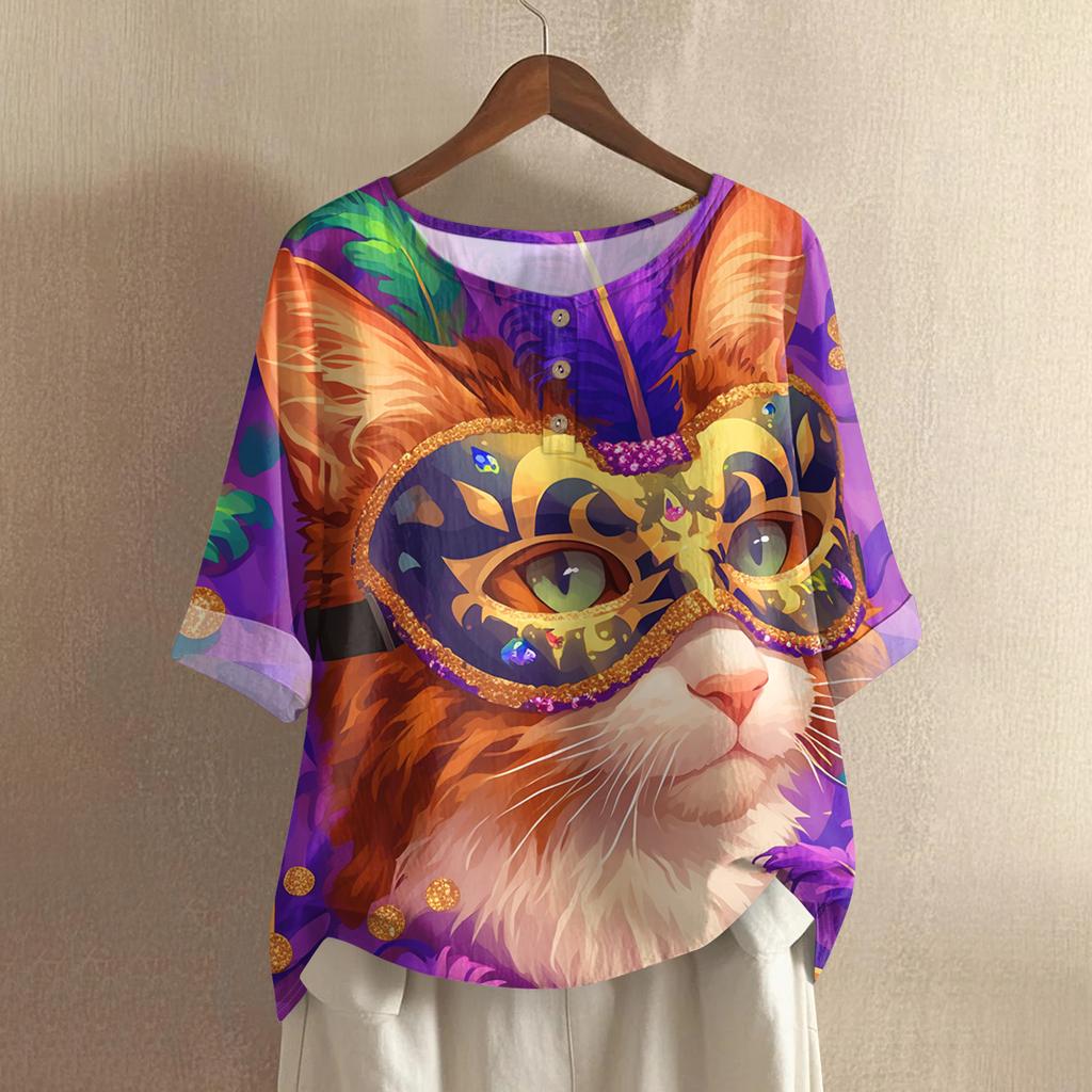 Women's Fashionable And Casual Shirt Half Sleeve Round Neck Print Cotton And Linen Blouse Top