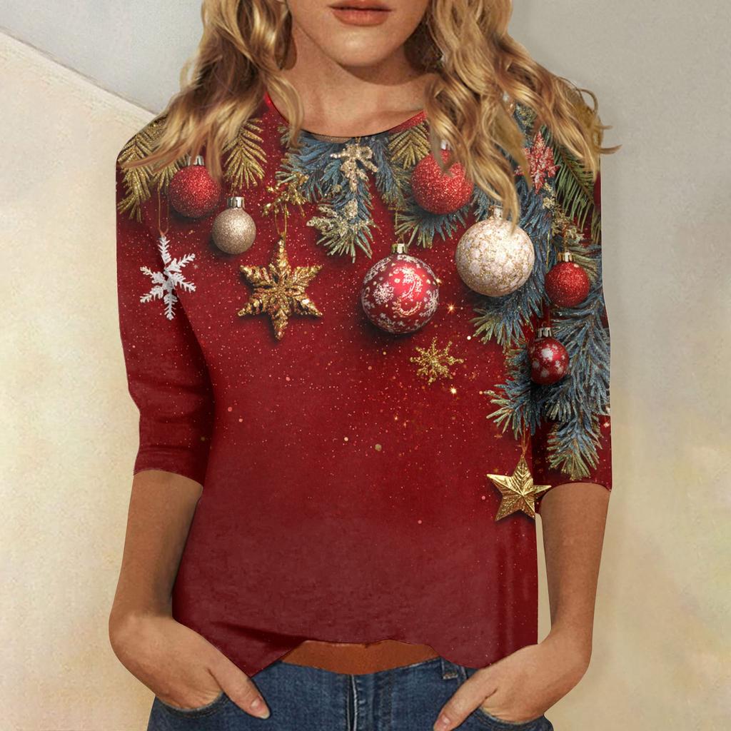 Women's Tops Three-quarter Sleeve Shirt V-neck Loose Casual Shirt Print T-shirt