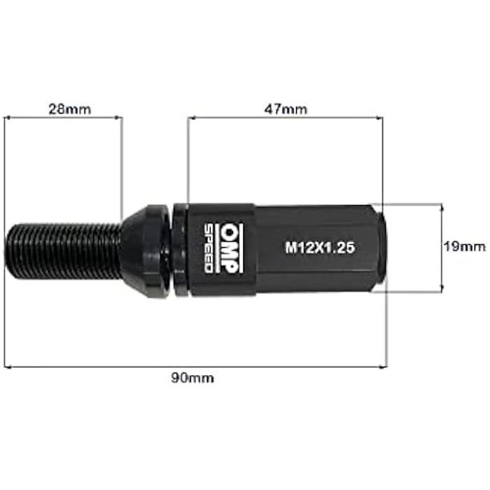 Hjulbolter - OMP - Sett med 20 - M12X1.25 - Aluminium 7075 Svart - Lengde 28MM