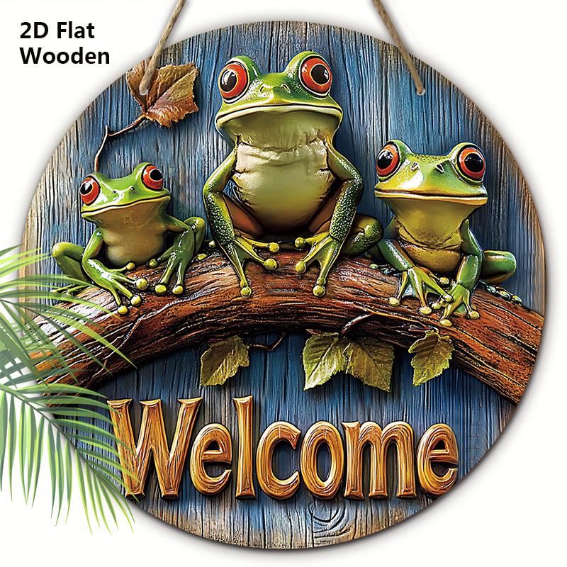 Unique Wooden Welcome Sign with Rainforest Tree Frog Pattern - Round Sign for Front Door, Wall Hanging Decor - Ideal Home Hanging Ornament