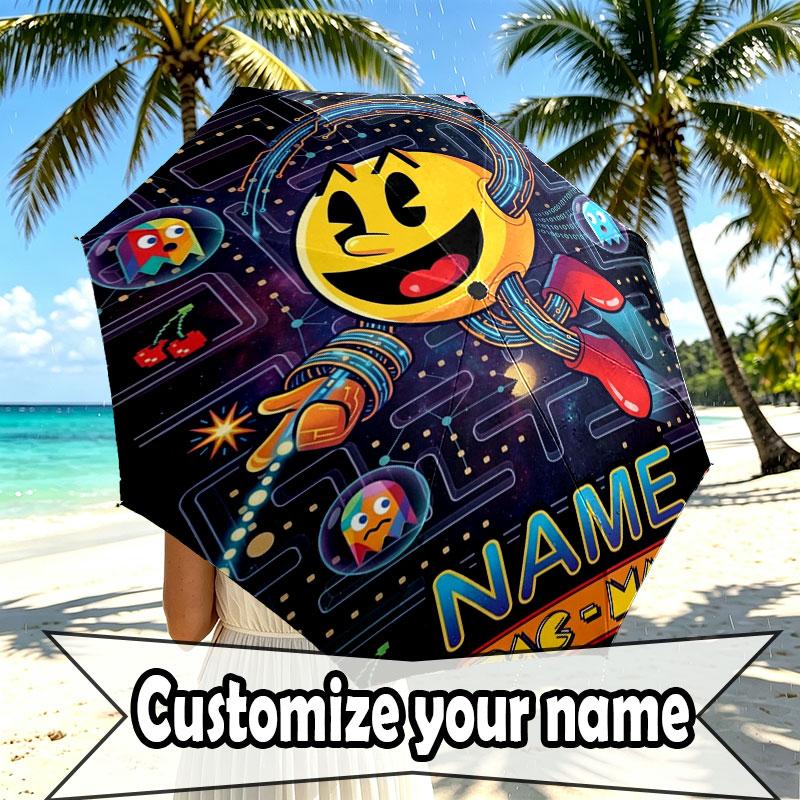 Custom Name Personalized PAC MAN Print Umbrella, Auto Open Close, 8‑Rib Sturdy Frame, Commute Camping Hiking Use, Birthday Gift