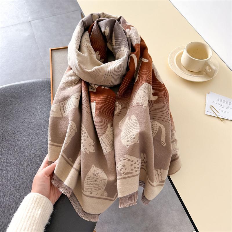 2025 Luxury Women's Winter Scarf Imitation Cashmere Animal Double-Sided Cat Print Warm Shawl Pashmina Stole Blanket Foulard