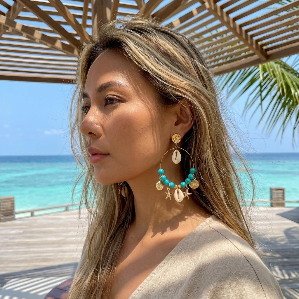 Aesthetic Turquoise Shell Dangle Earrings for Women Face-Framing Large Boho Hoops Photogenic Summer Vacation Jewelry Gift