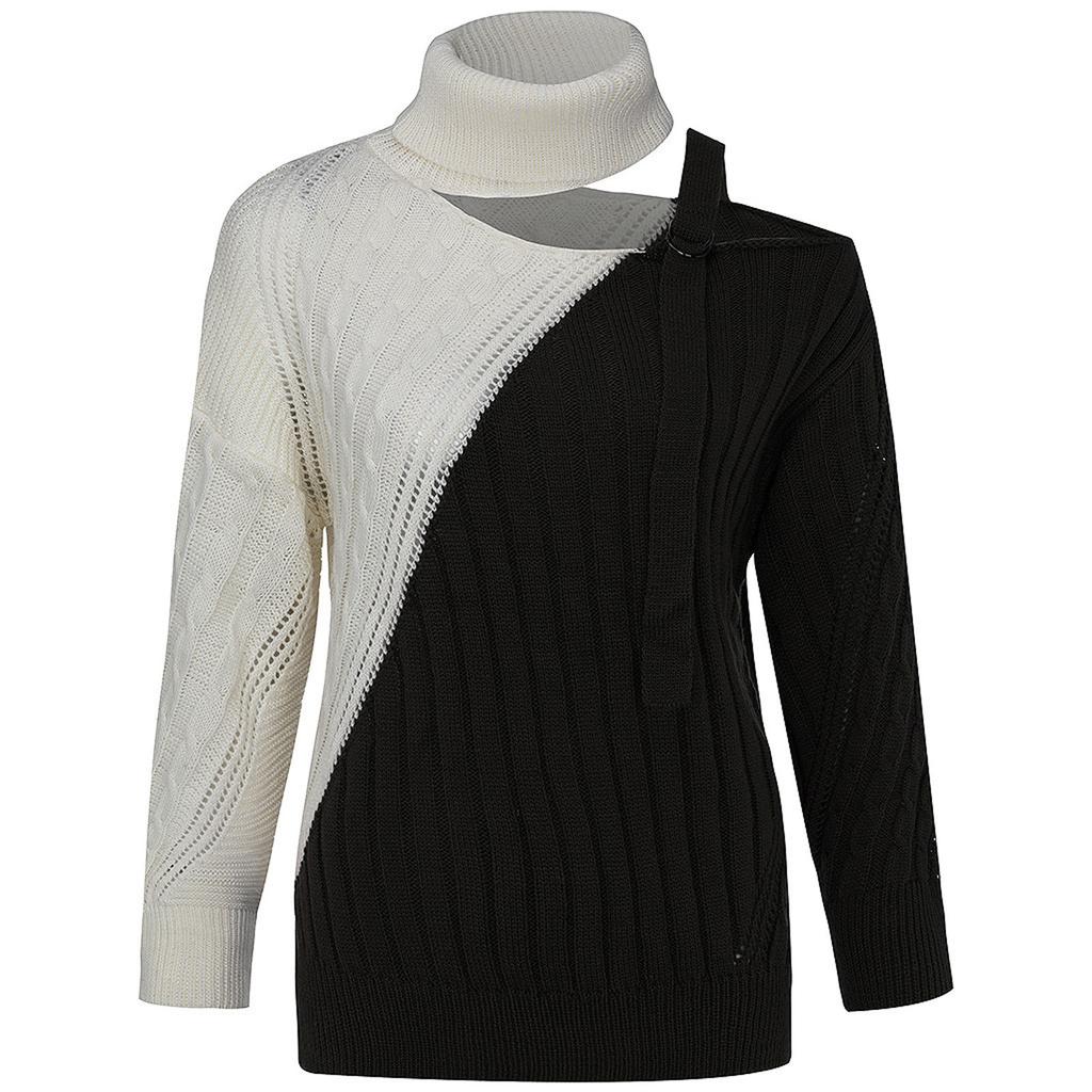 Women's  And Winter Loose Two-color Contrast Stitching Long-sleeved Stand Collar One Side Strapless Knit Sweater Top