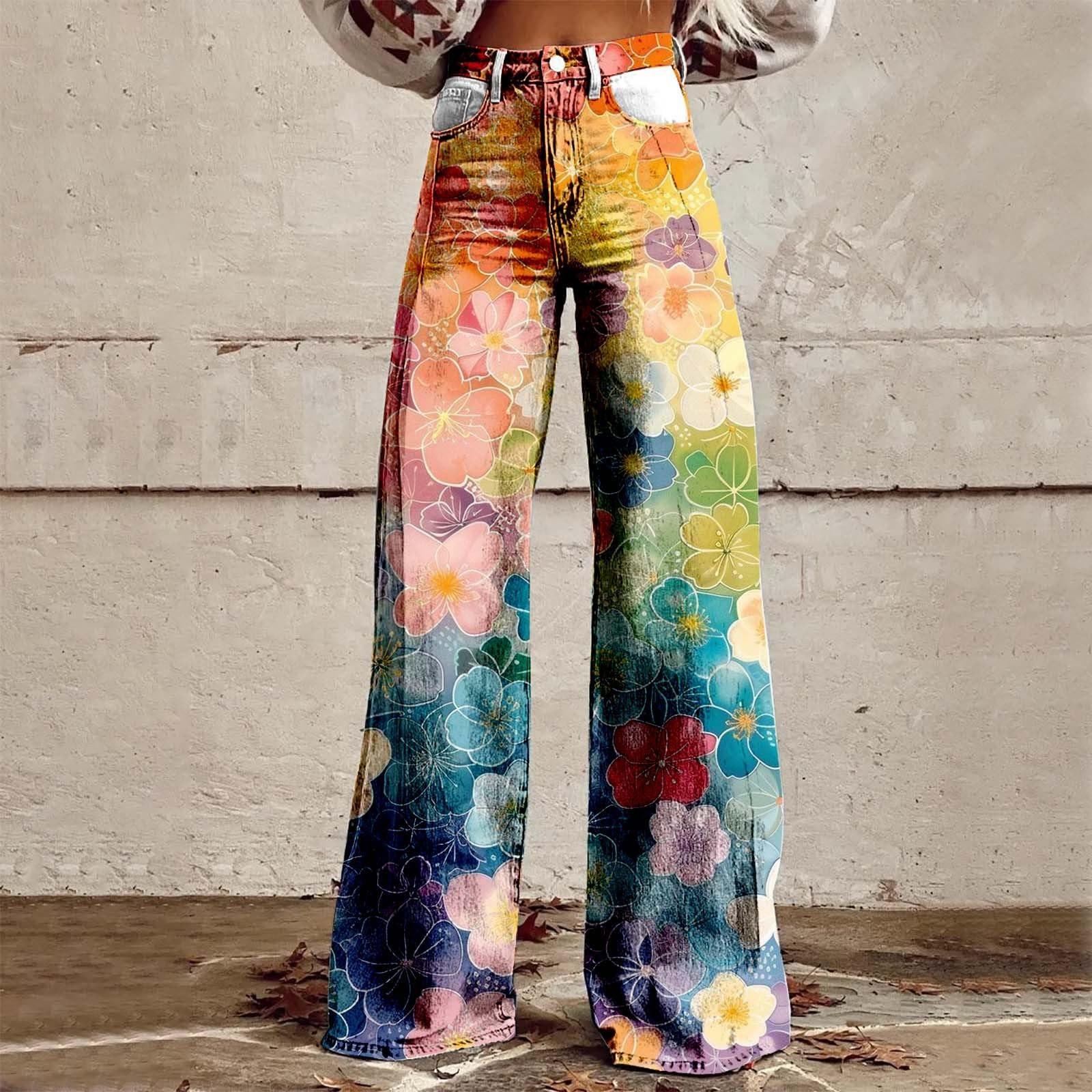 

Широкие расклешенные джинсы для женщин с карманами, мешковатые брюки с винтажным цветочным принтом и высокой талией, свободные брюки XXL