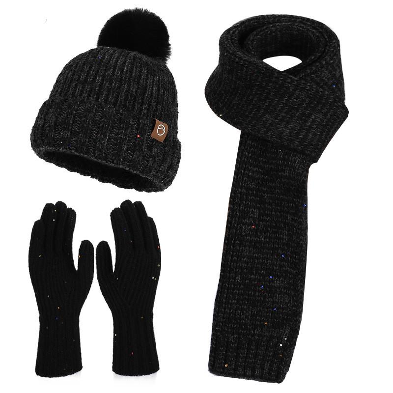 

Fall European Style Knit Hat Scarf And Glove Three Piece Set For Adults чорний