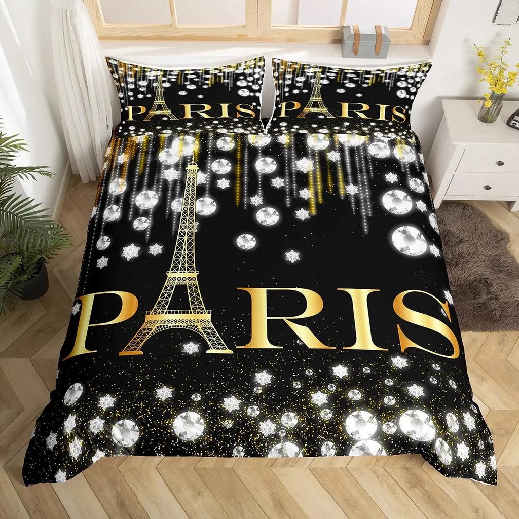Paris Eiffel Tower Bedding Set Historical Scenery Duvet Cover Famous City Scene Comforter Cover Modern Cityscape Quilt Cover