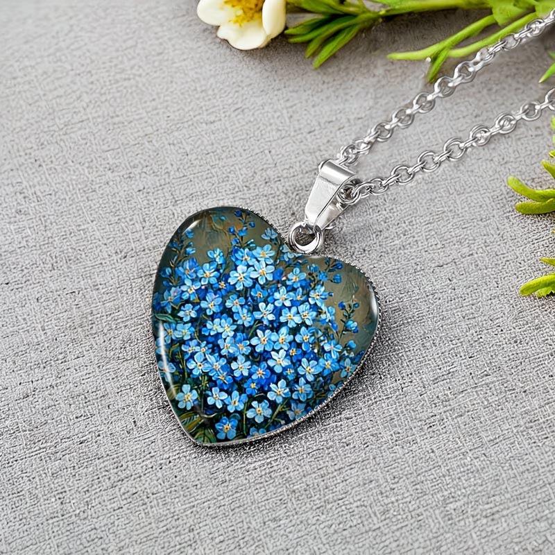 Forget-me-not Bouquet Heart Shape Necklace Glass Pendant Handmade Unisex Jewelry
