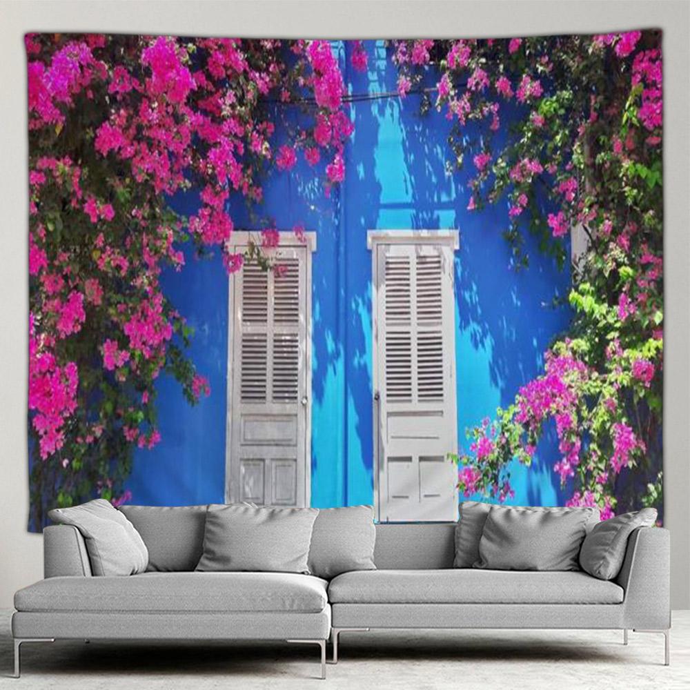 Griechenland Stadt Hippie Wandteppich Frühlingsblumen Straße Wandteppich Haus Hof Terrasse Wandbehang Kunst Wohnzimmer Wandmalerei Wandteppich