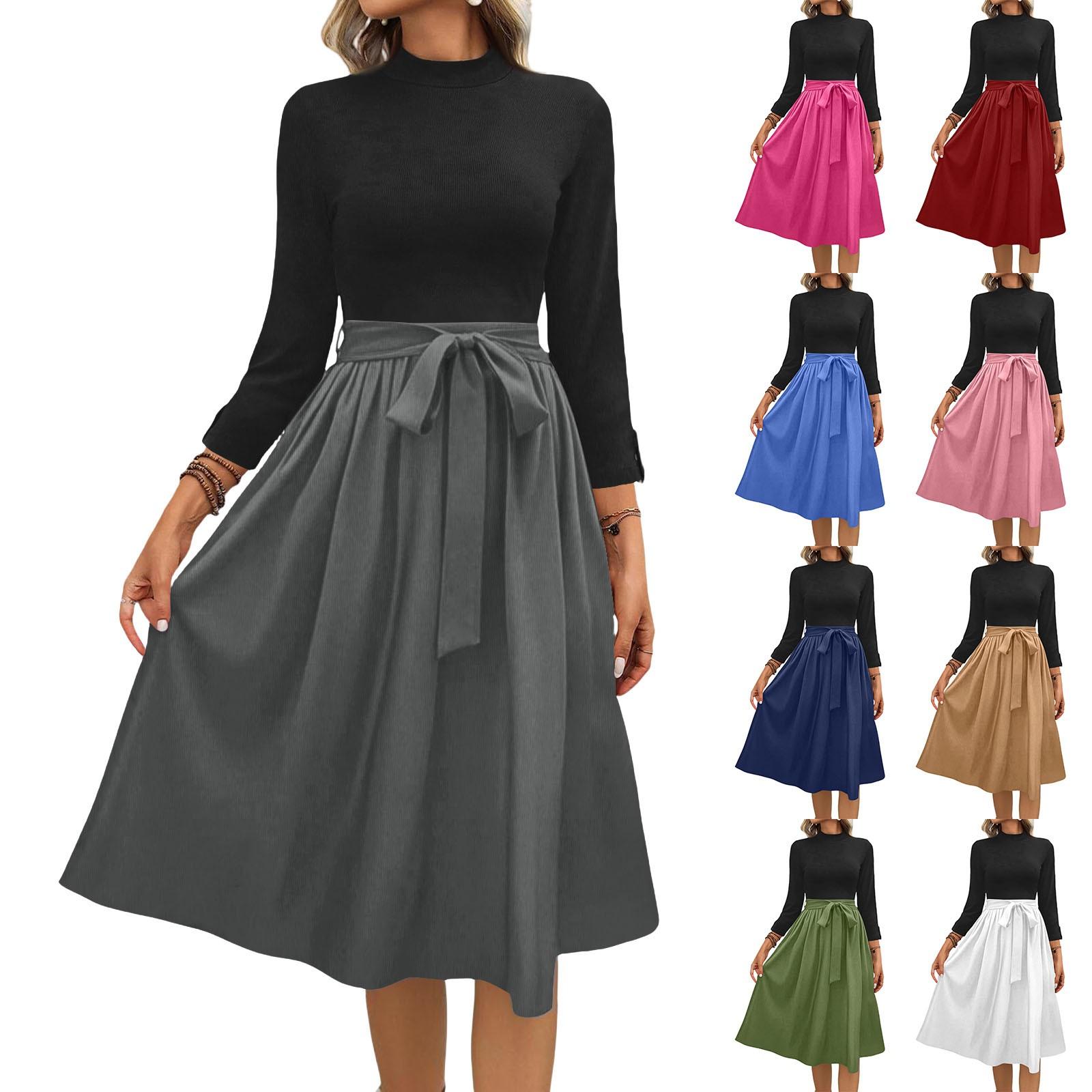 

Women s Fashion Casual Belt Seven Sleeve Round Neck Solid Color Temperament Dresses XL білий