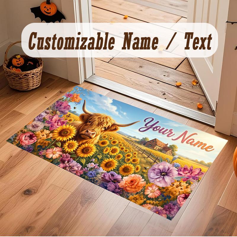 Highland Cow Theme Soft Crystal Velvet Rug Custom Name & Text Print Non Slip Floor Rug for Bedroom Living Room