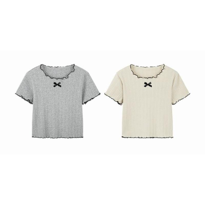 1-12Y Girl's Shirts Korean-style Knitted Lace-Trimmed Short-Sleeve Summer Ruched Tops Trendy Breathable Bow Tie Versatile Tee