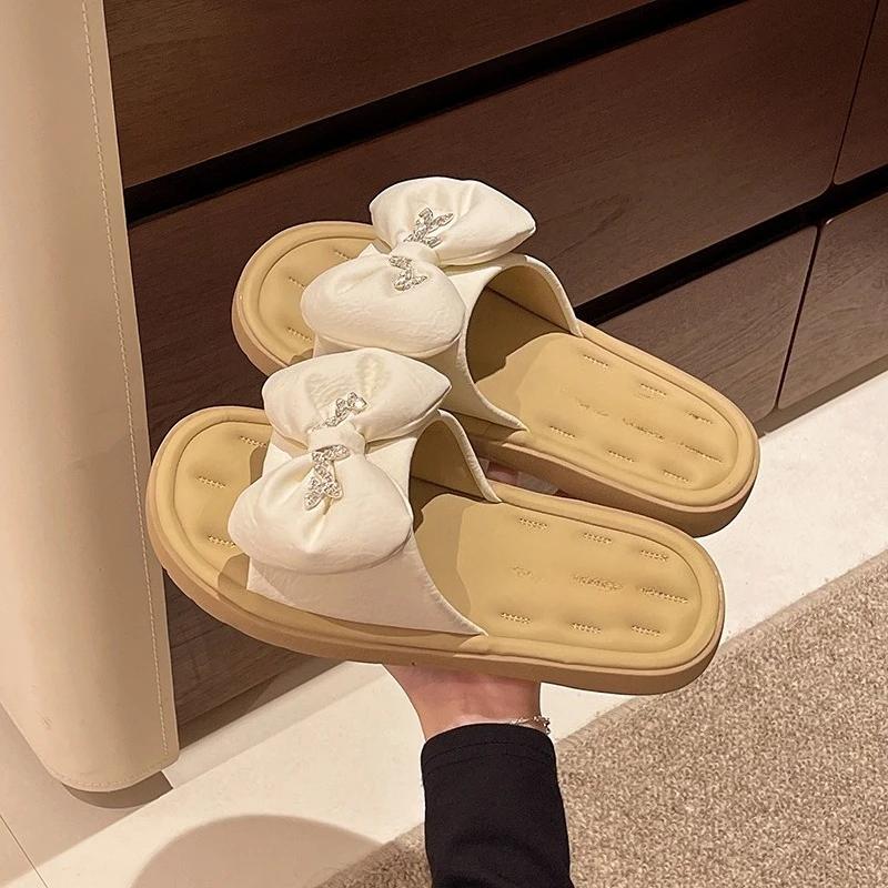 

Fashion Women s Plus Size Soft Slip Slippers Summer New Round Toe Open Toe Bow Sequin Waterproof Non-Slip Flat Romans 35 бежевый