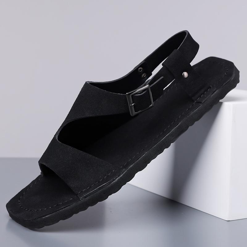 Men Black Sandals Slippers Handmade Simple Flats Summer Roman Sandals Open Toe Beach Shoes Plus Size