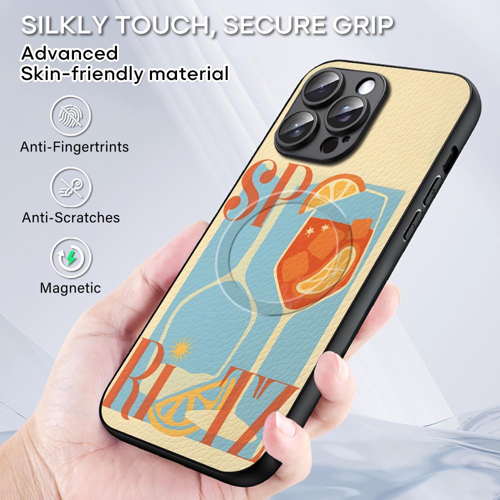 Custodia Arancione per Telefono Cocktail Aperol Spritz Per iPhone 16 15 14 13 12 11 Plus Pro Max Lusso di Alta Gamma Magsafe Pelle di Pecora