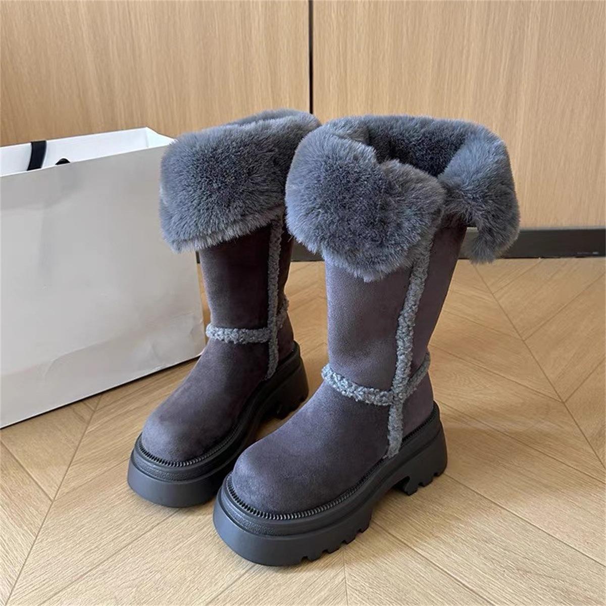 Super fire gray thick-soled long snow boots women s winter plush warm fluffy cotton boots shoes 35
