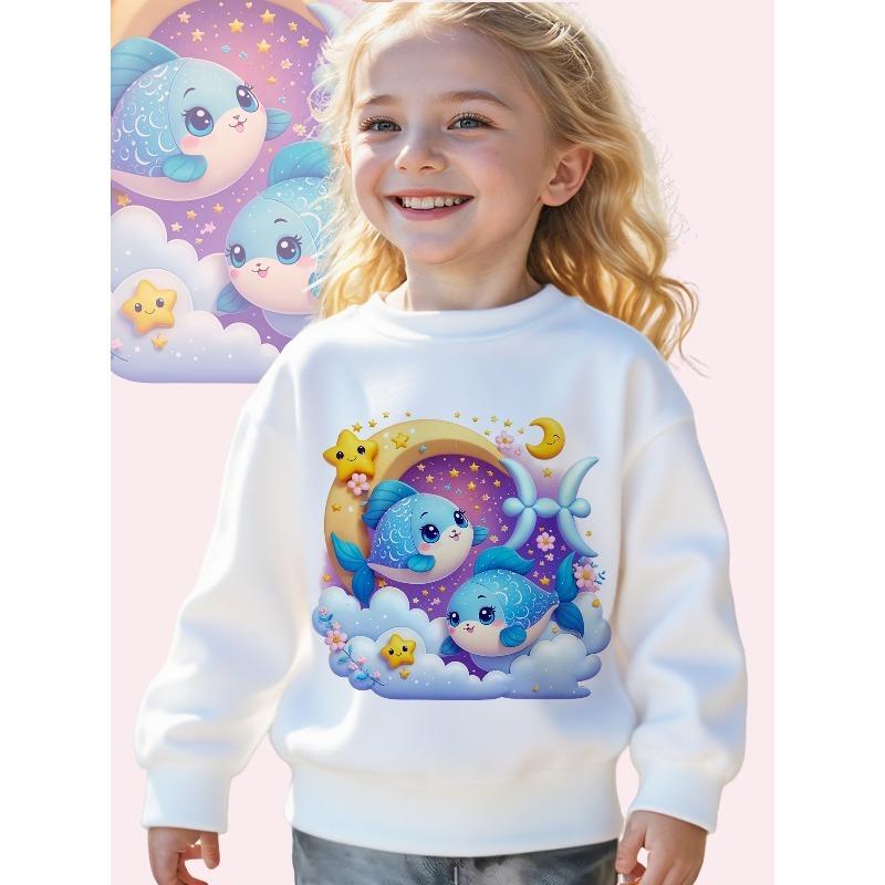 European sizes Kids Whimsical Night Sky with Cute Fishes: A Fantasy Illustration Print Long Sleeve Crewneck Sweatshirt - Soft Casual Pullover Top