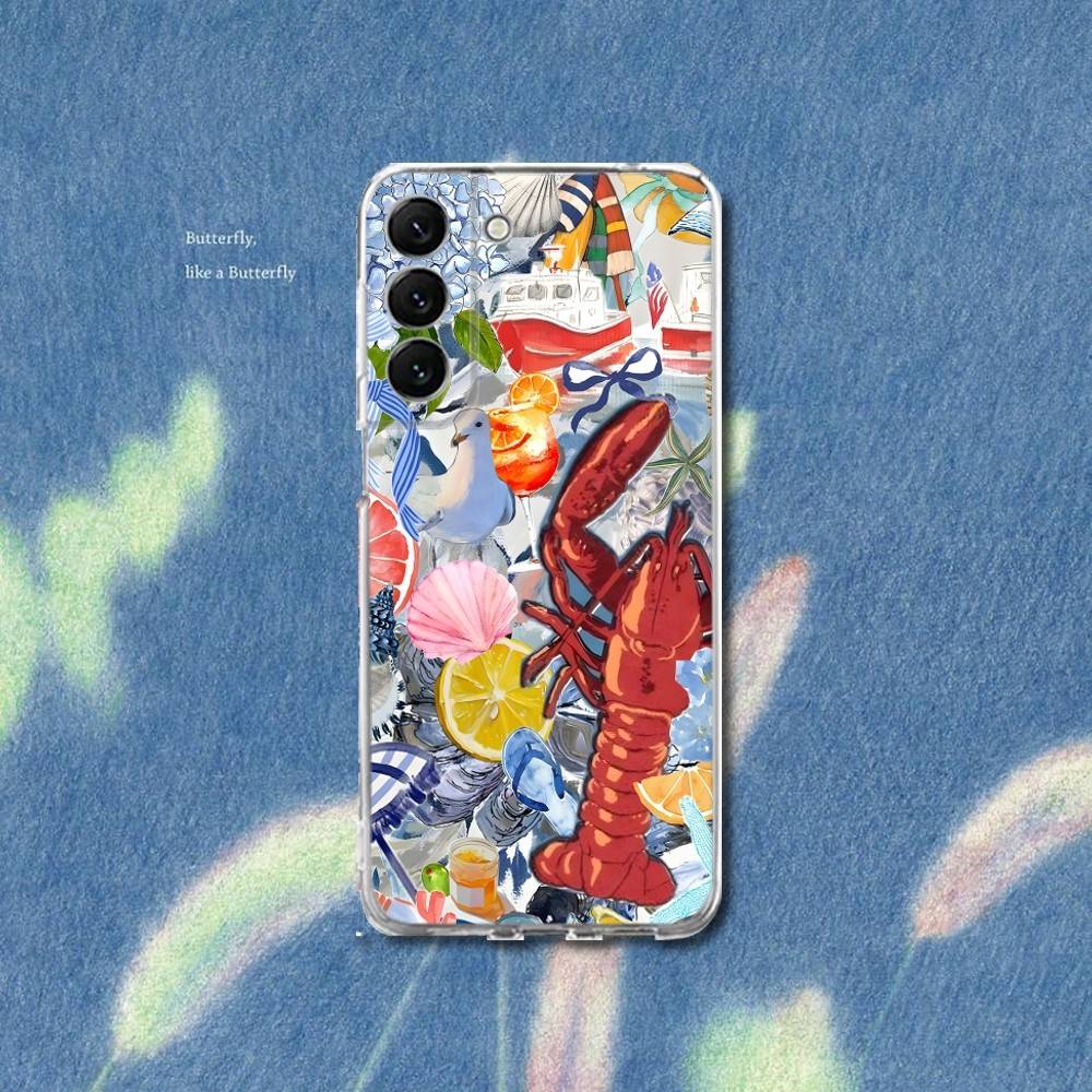 Lobster On Stripes Ocean Phone Case Silicone For Samsung S25,S23,21,22,20 Ultra,S20 FE lite,S10,9,PIus Note20ultra Cover Clear