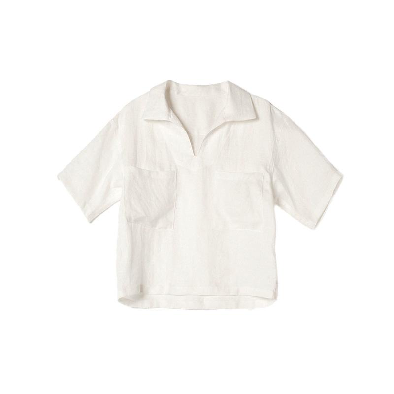 Linen shirt V-neck loose European and American women's high-end shirt summer wide version silhouette short-sleeved lapel top