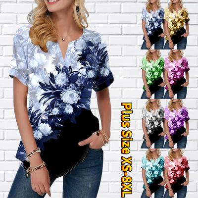 Damen-Sommer-T-Shirt, blaue Blumen, bedruckt, kurzärmelig, lässige Oberteile, kleiner V-Ausschnitt, kurze Ärmel