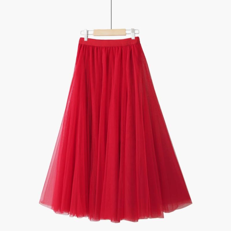 DX~~New Patchwork Ethnic Style Retro Pure Red Pleated Slim Fairy Mesh Skirt