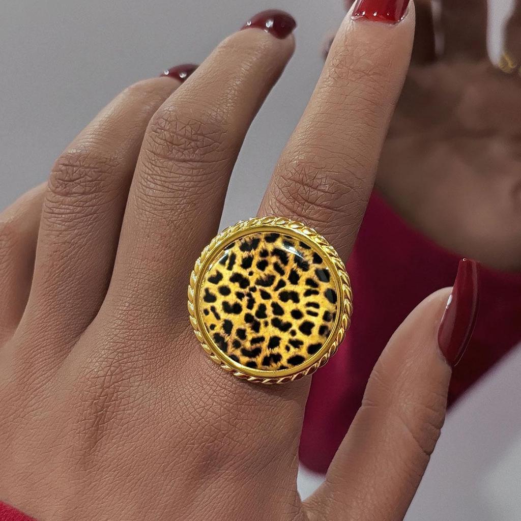 Stainless Steel Leopard Print Open Finger Geometric Ring - Autumn/Winter Retro High-End Jewelry