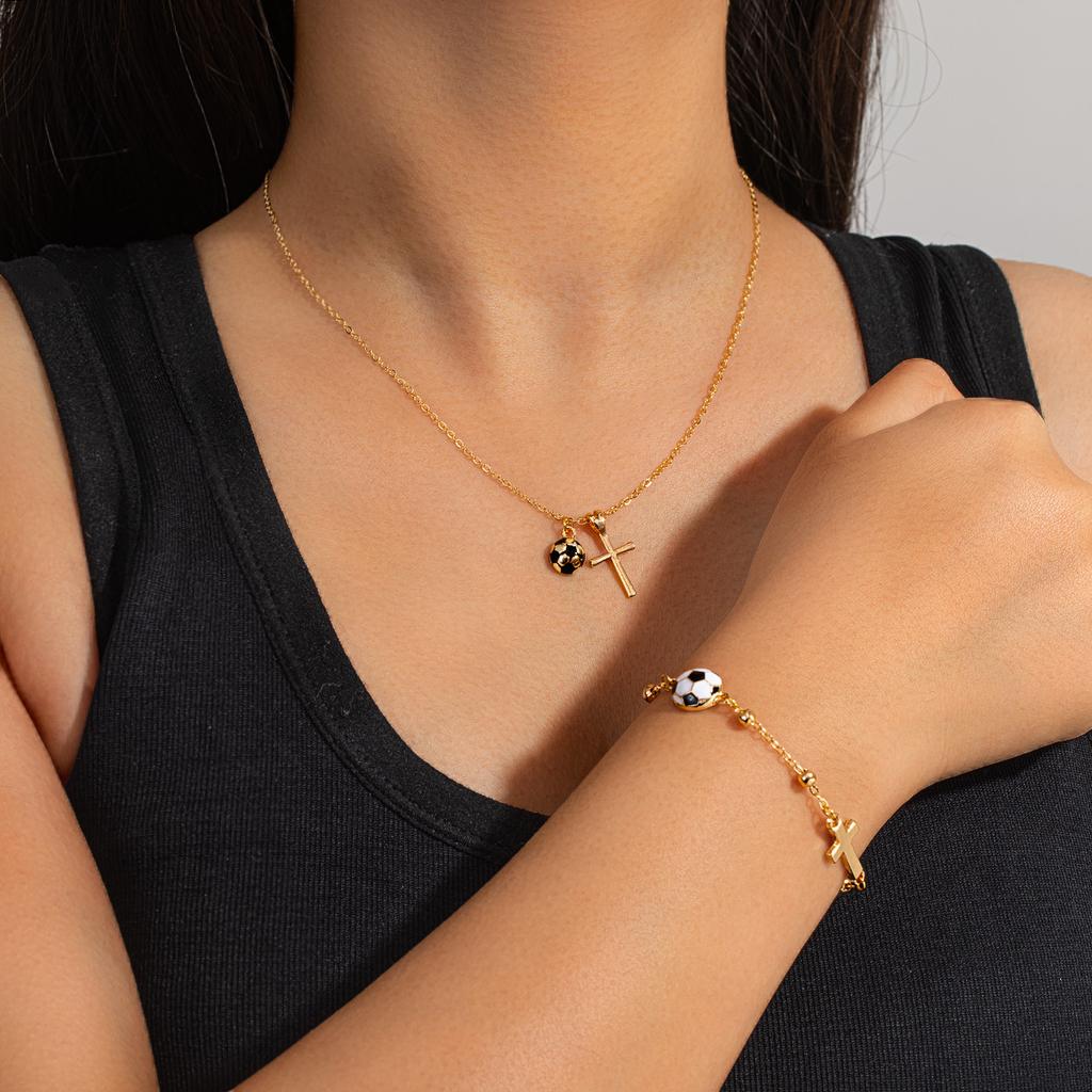American Retro Football Cross Set, Niche Design Clavicle Necklace & Bracelet, Sporty Versatile Accessories